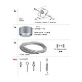 Technische tekening met 5 witte LED-spotlights, 12V transformator, 10m stalen kabel en montagemateriaal voor verlichting