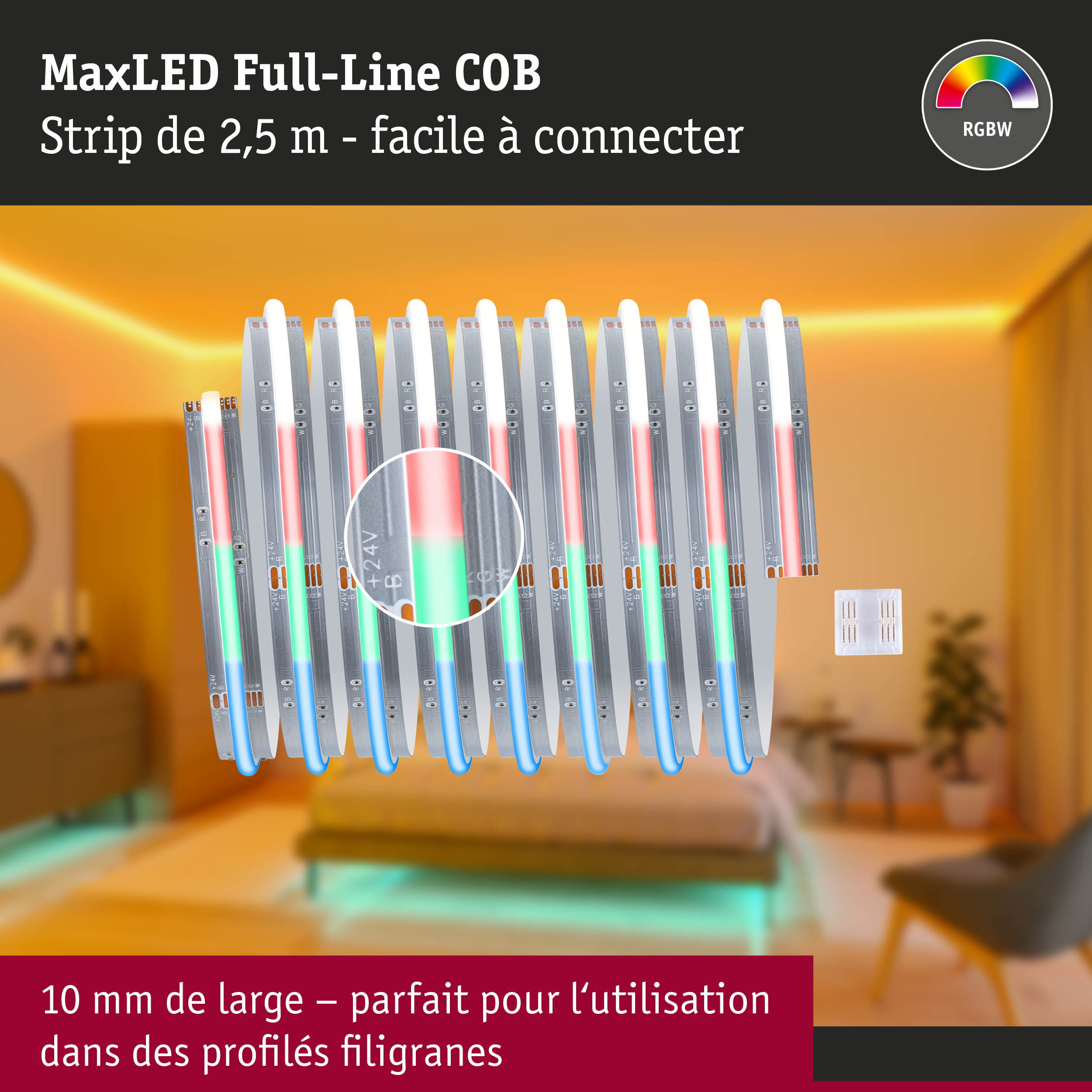 Bande LED MaxLED Full-Line COB 2,5 m RGBW facile à connecter pour profils fins et éclairage décoratif