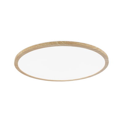 Round ceiling light with natural wood frame and white diffuser for warm white LED lighting