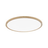 Ronde plafondlamp met natuurlijke houten rand en witte diffuser voor warm wit LED-licht