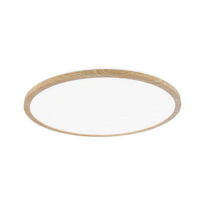 Ronde plafondlamp met natuurlijke houten rand en witte diffuser voor warm wit LED-licht