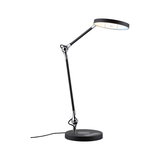Modern black LED desk lamp with round light head and adjustable metal and plastic arm for office use