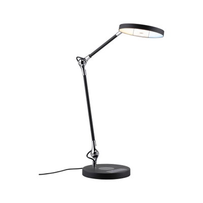 Lampe de bureau LED noire moderne avec tête ronde et bras réglable en métal et plastique