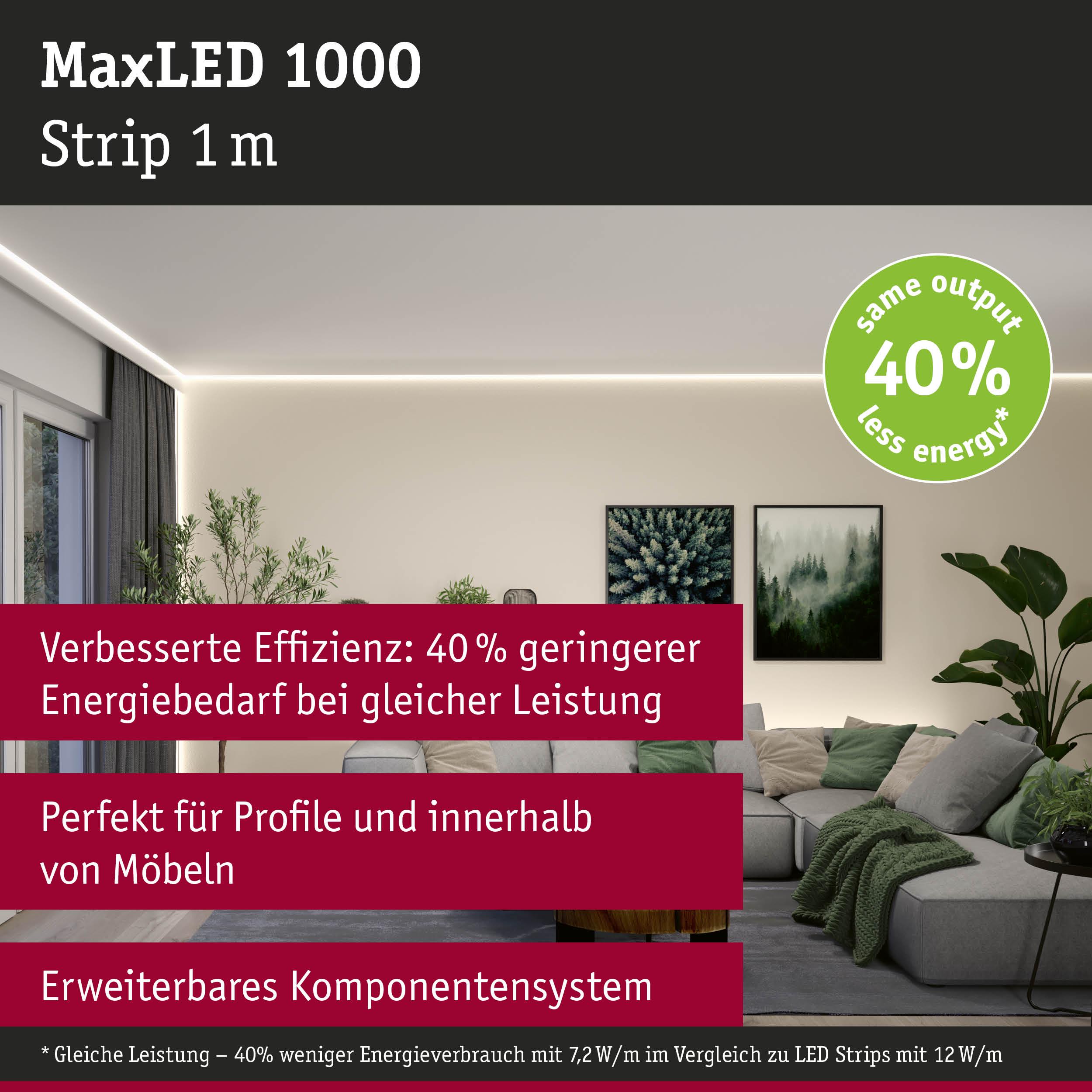 MaxLED 1000 LED Strip 1 m mit 40% weniger Energieverbrauch, ideal für Möbelprofile und erweiterbares System