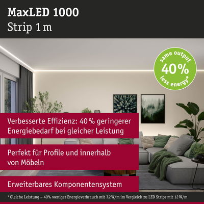 MaxLED 1000 LED Strip 1 m mit 40% weniger Energieverbrauch, ideal für Möbelprofile und erweiterbares System