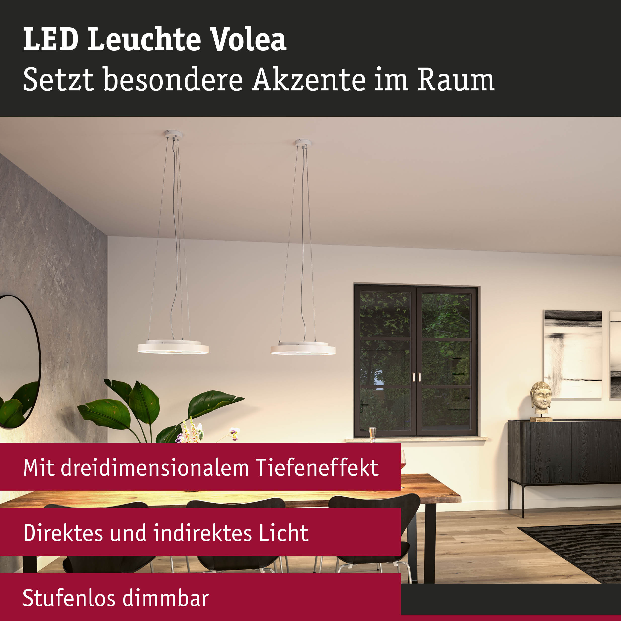 Moderne LED Leuchte Volea in Weiß mit dimmbarem Licht über Esstisch im Wohnzimmer
