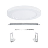 Round white LED panel with metal and plastic mounting accessories for ceiling lighting