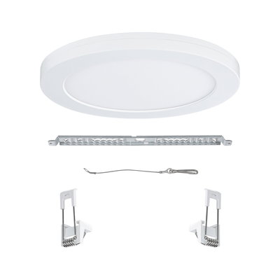 Round white LED panel with metal and plastic mounting accessories for ceiling lighting