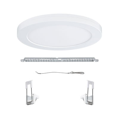Round white LED panel with metal and plastic mounting accessories for ceiling lighting