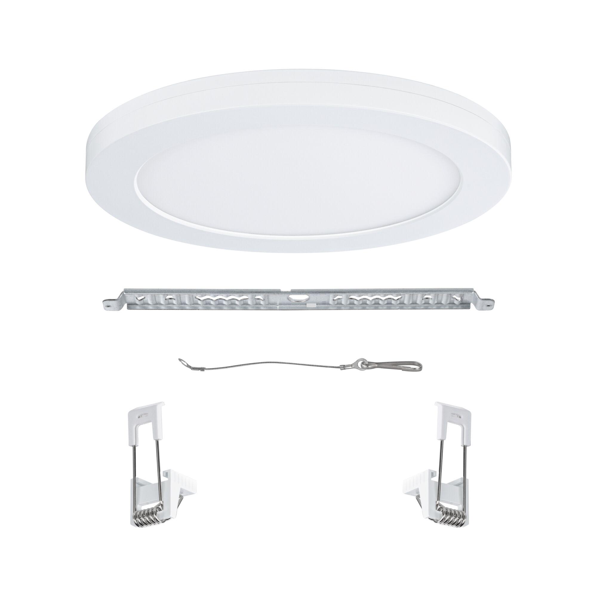 Round white LED ceiling panel made of plastic with mounting accessories for energy-saving lighting