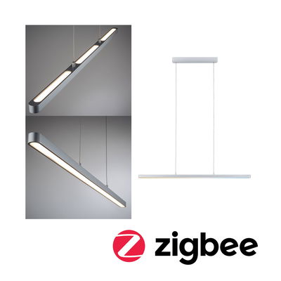 Modern grey aluminum LED pendant light with warm white illumination and Zigbee smart lighting compatibility