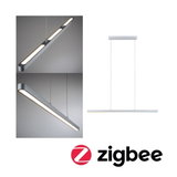 Modern grey aluminum LED pendant light with warm white illumination and Zigbee smart lighting compatibility
