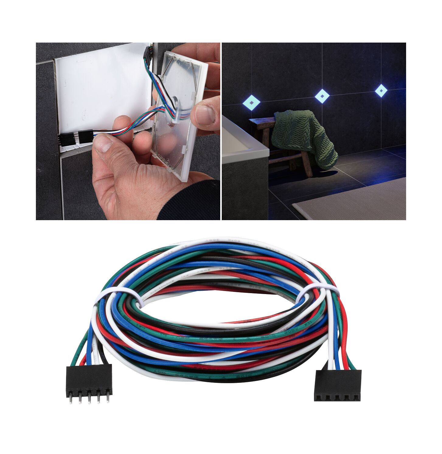 LumiTiles Câble Square RGBW 1,95m 12V Noir Matière plastique Câble de connexion LED multicolore à 5 broches pour installations d'éclairage intérieur