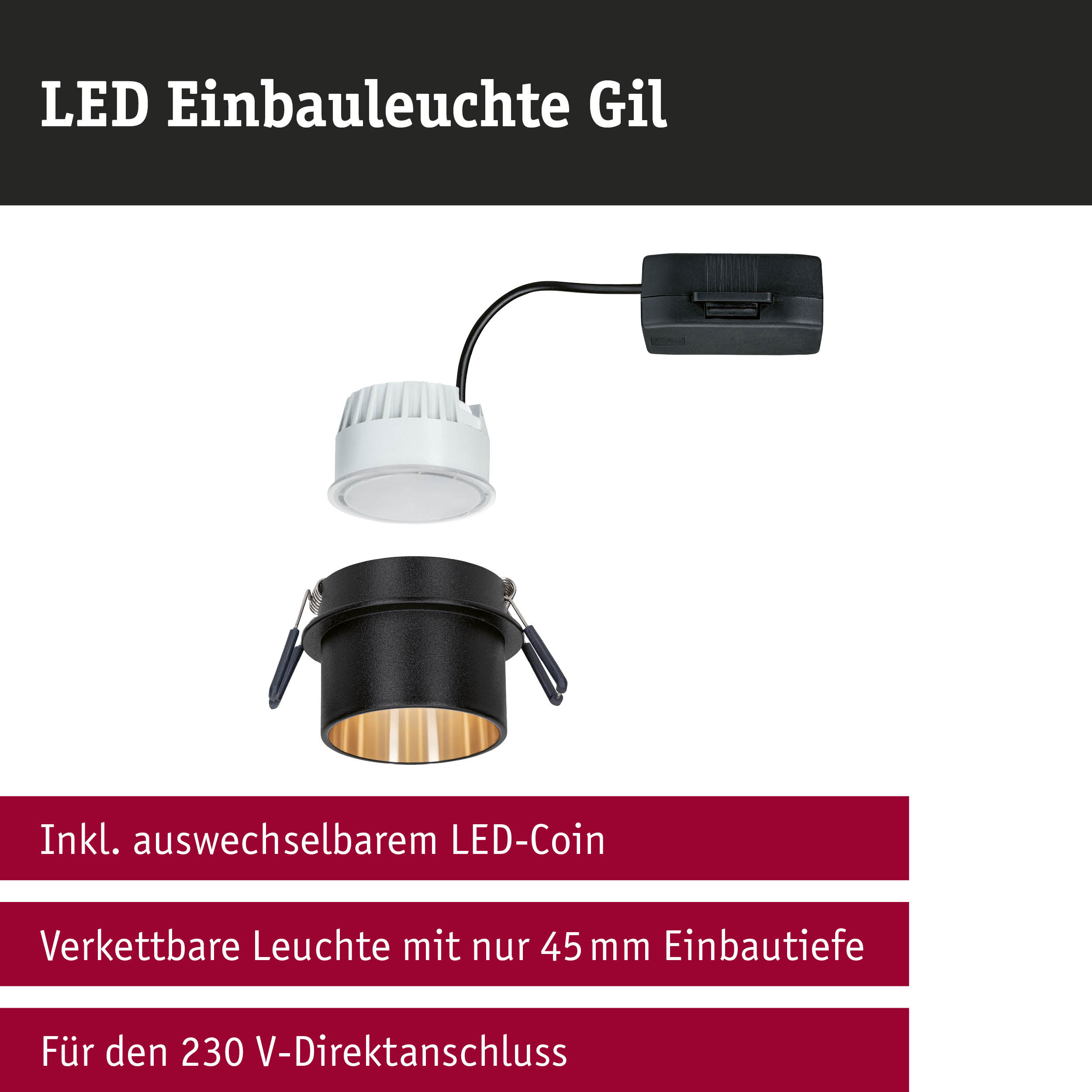 LED Einbauleuchte Gil in Schwarz mit goldfarbener Innenfläche und weißem LED-Modul, dimmbar