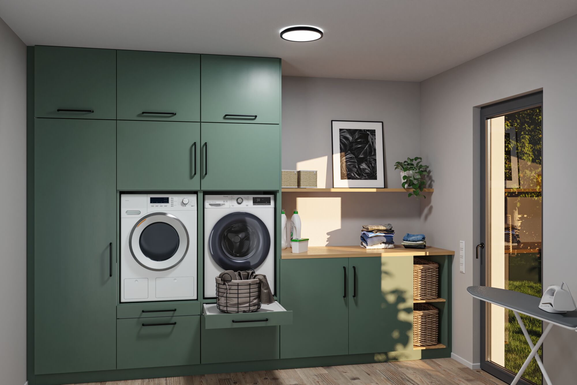 Modern green kitchen unit with washer, dryer, wooden countertop and LED ceiling light in laundry room
