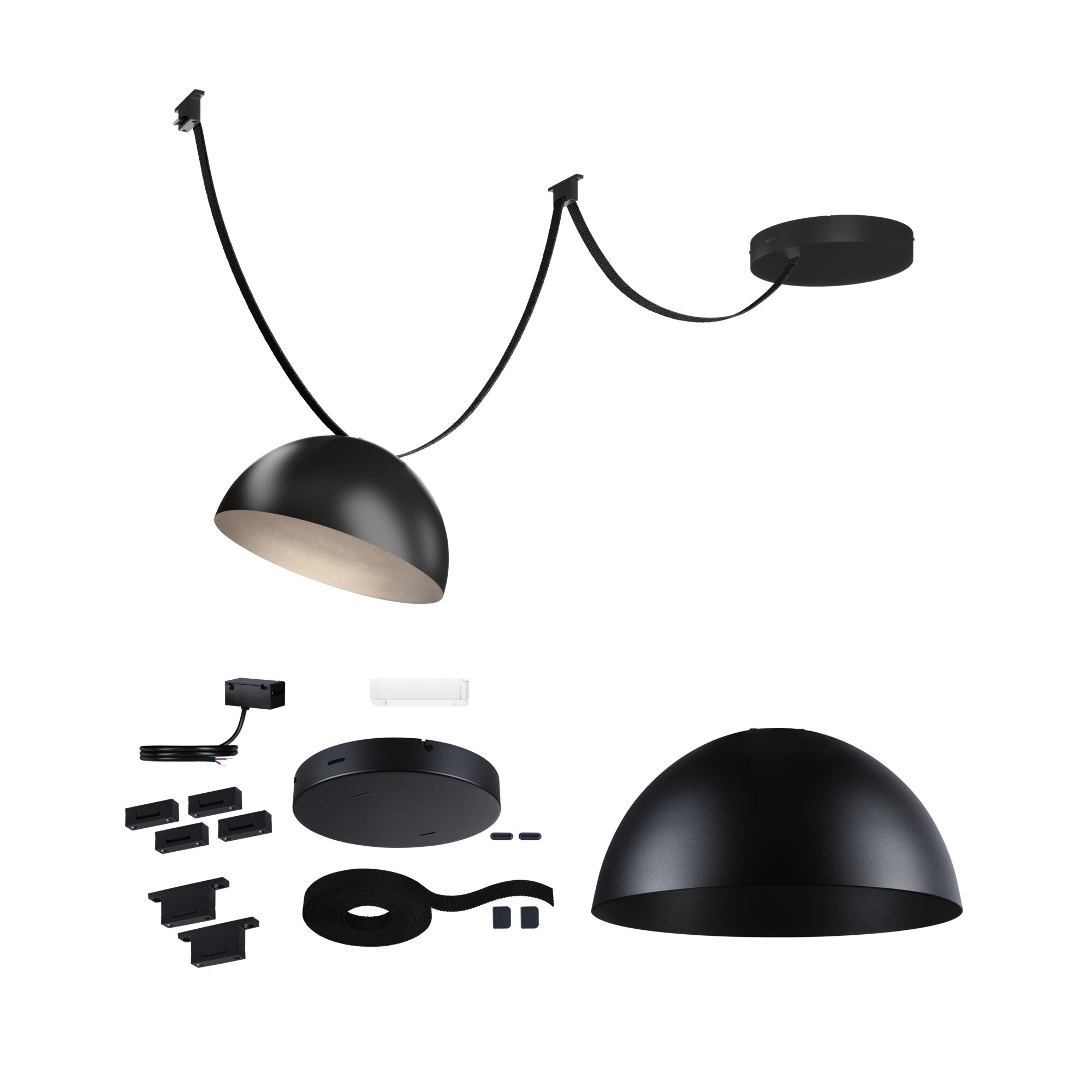 Schwarze Halbkugel-Deckenleuchte aus Metall mit Kabel und Montagezubehör für moderne Innenbeleuchtung