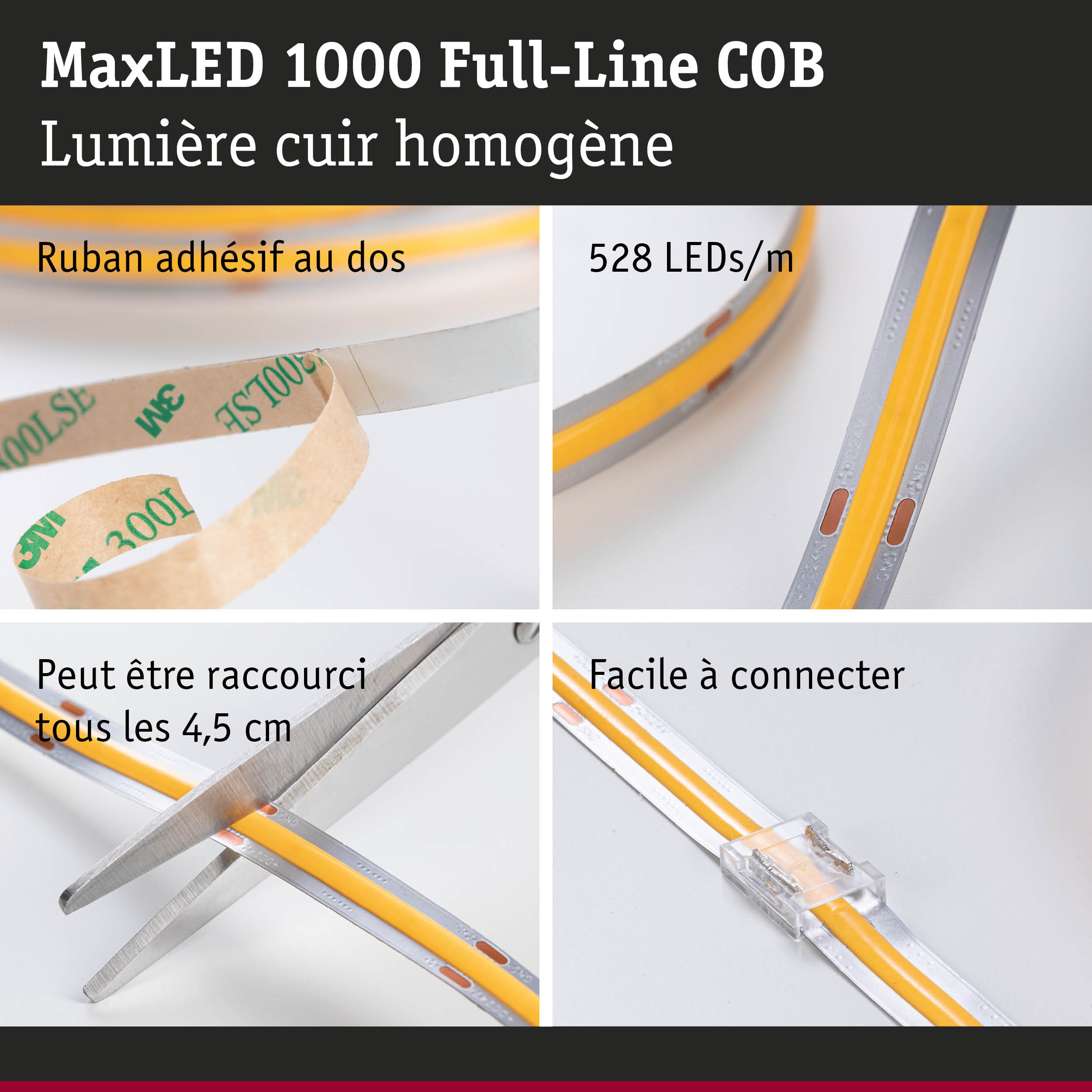 Bande LED MaxLED 1000 COB 528 LEDs/m, jaune, ruban adhésif, découpable et facile à connecter