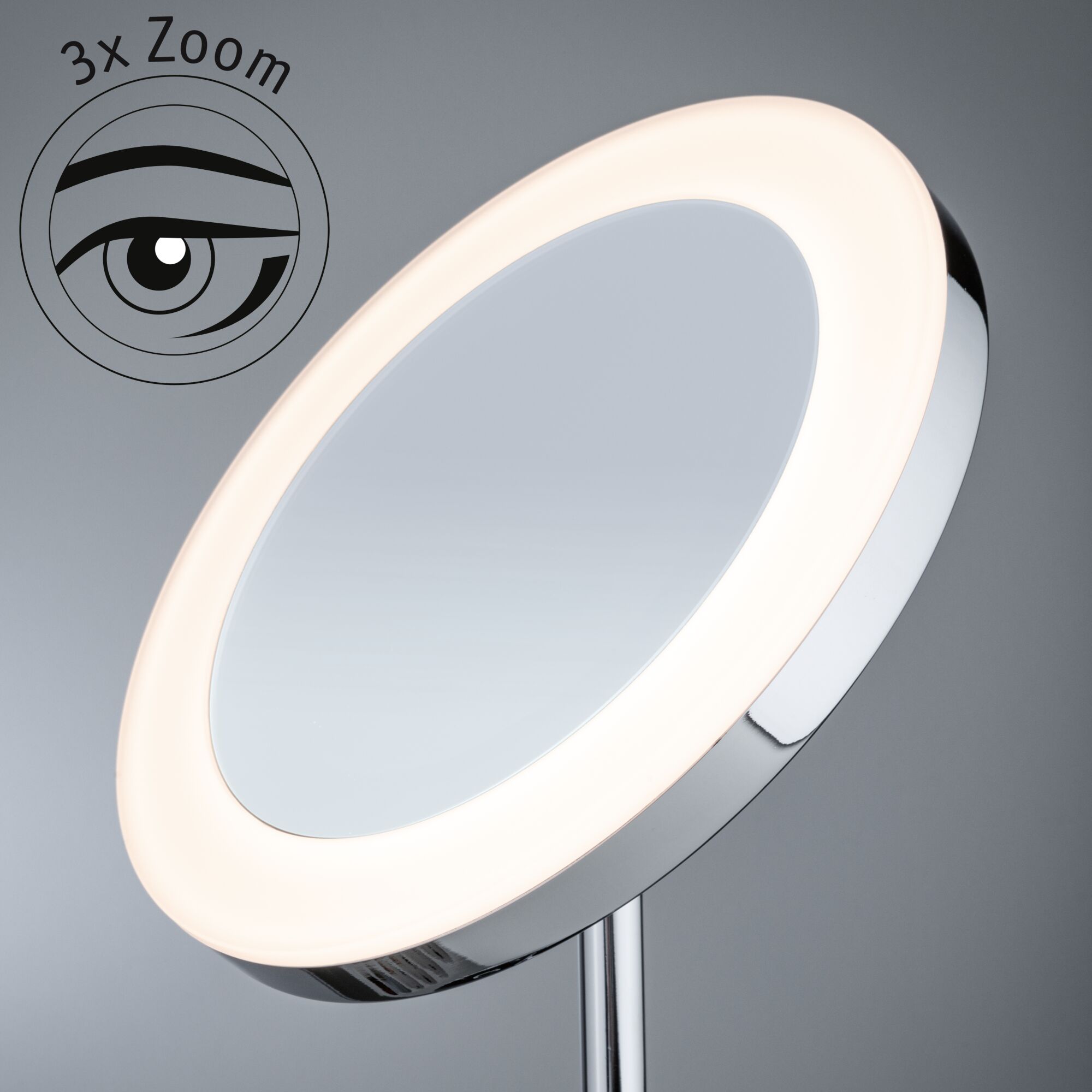 Runder Kosmetikspiegel mit LED-Beleuchtung und 3-fach Zoom, verchromtes Metall und Glas