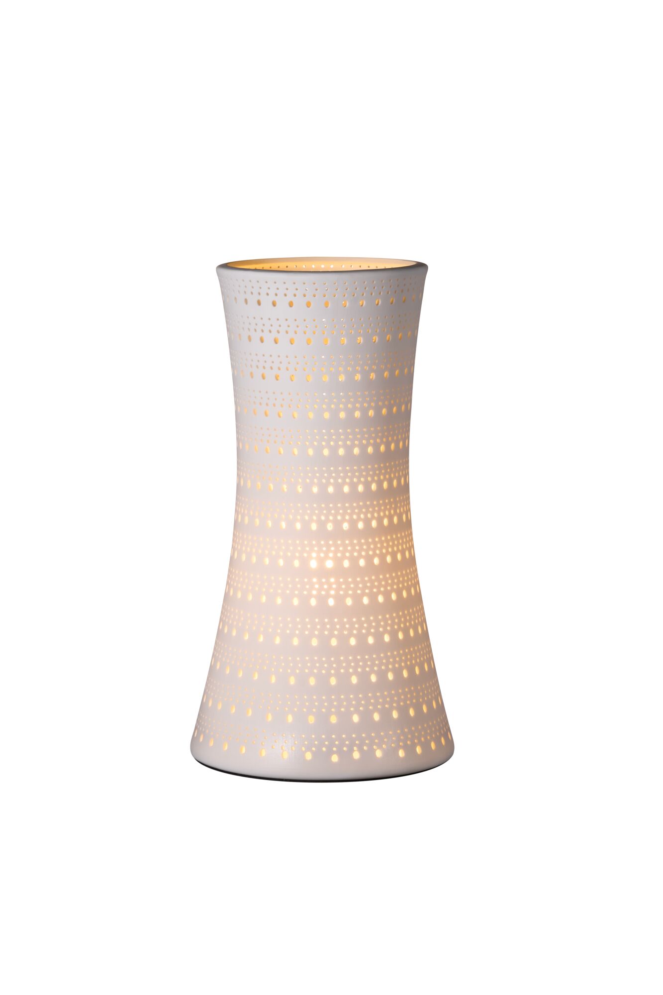 Lampe de table en céramique blanche avec motifs perforés fins et lumière chaude pour éclairage d'ambiance