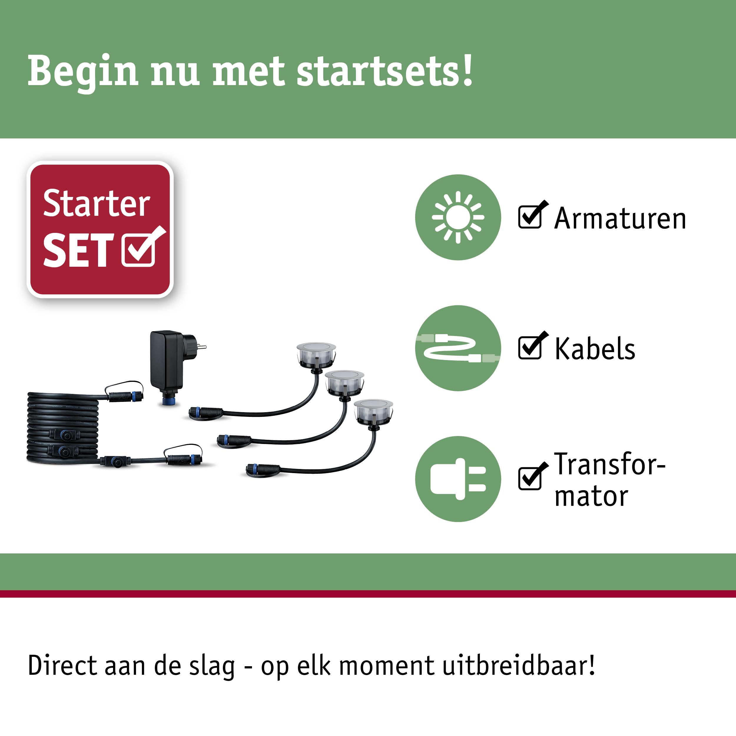 Starterset met zwarte kabels, transformator en drie LED-lampen voor eenvoudige lichtinstallatie