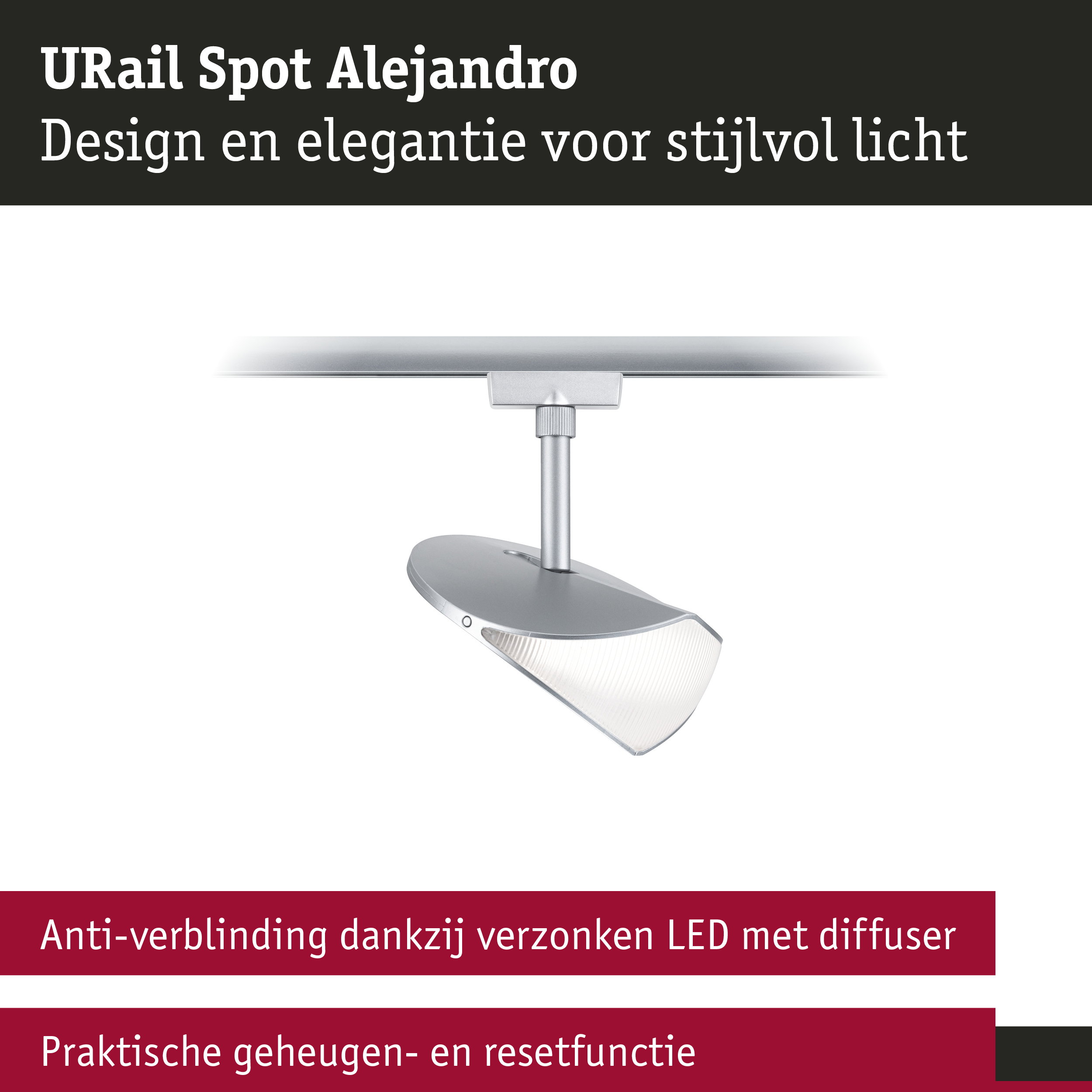 Moderne URail Spot Alejandro van zilverkleurig aluminium met anti-verblindende LED-diffuser en praktische geheugenfunctie