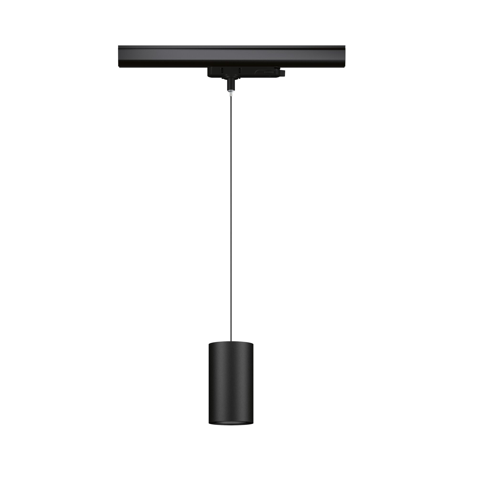 Black cylindrical metal pendant light with cable suspension for modern indoor lighting