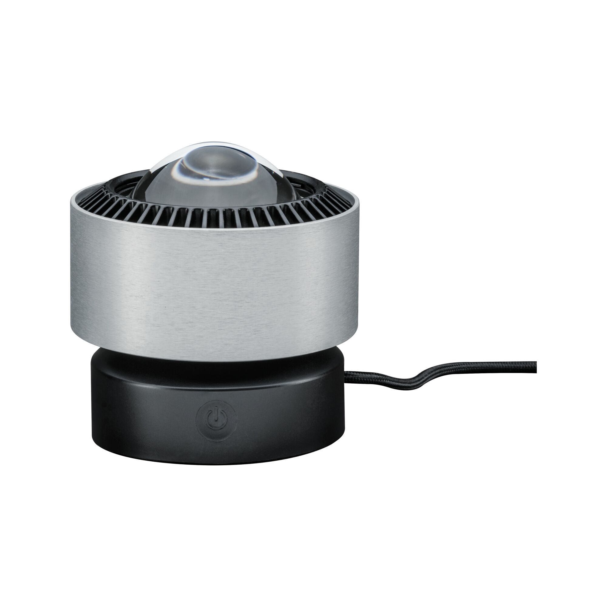 Compact LED projector with silver aluminum housing and black base for modern lighting accents