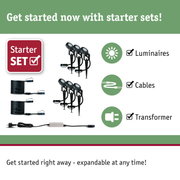 Starter set with black LED outdoor spotlights, cables, and transformer for garden lighting