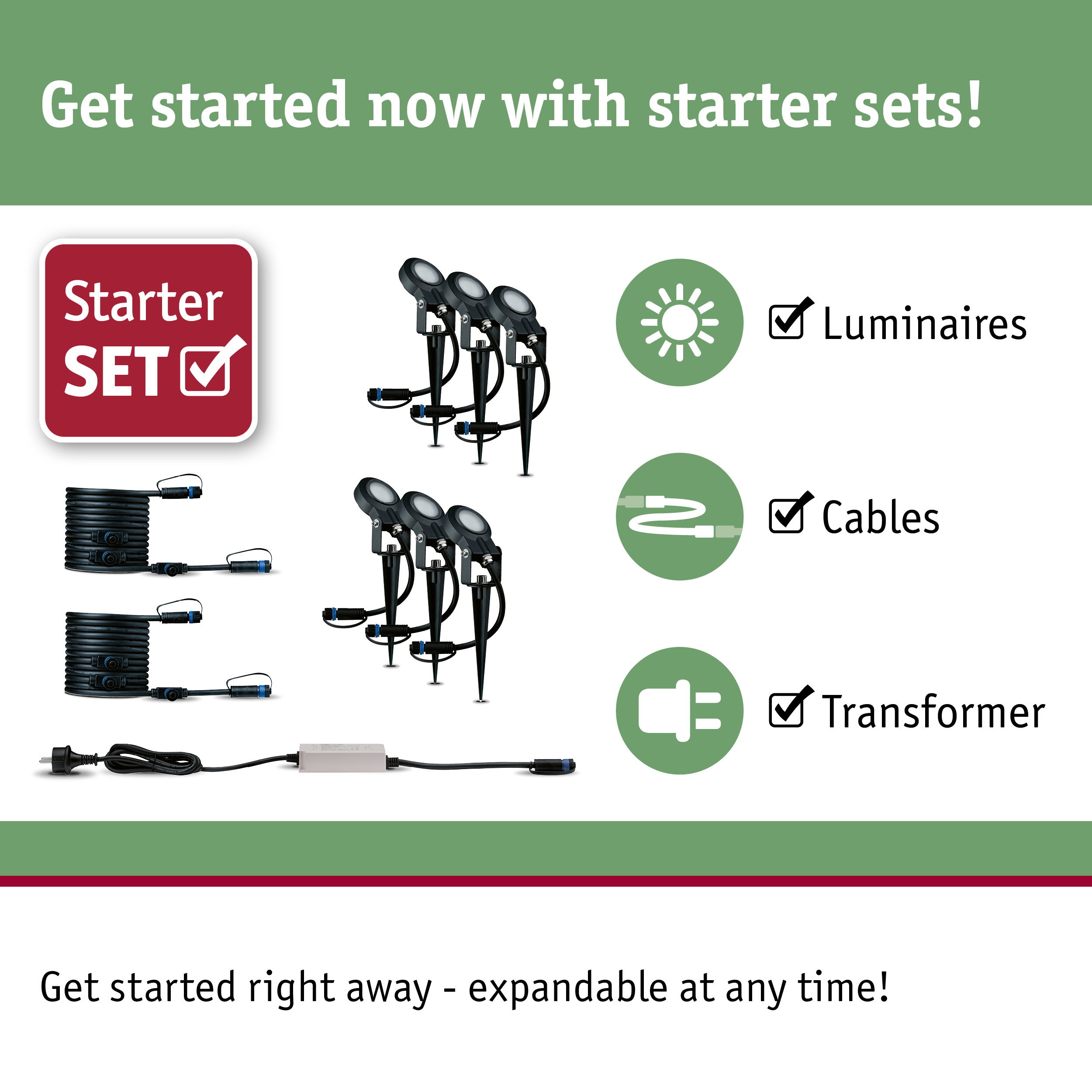 Starter set with black LED outdoor spotlights, cables, and transformer for garden lighting