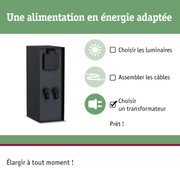 Boîtier d'alimentation noir IP44 pour éclairage extérieur avec prise et transformateur.