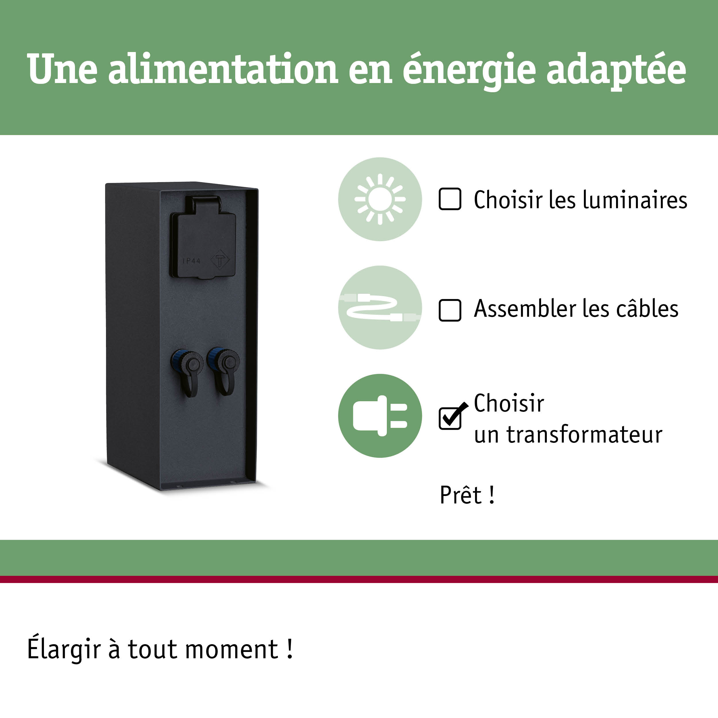 Boîtier d'alimentation noir IP44 pour éclairage extérieur avec prise et transformateur.