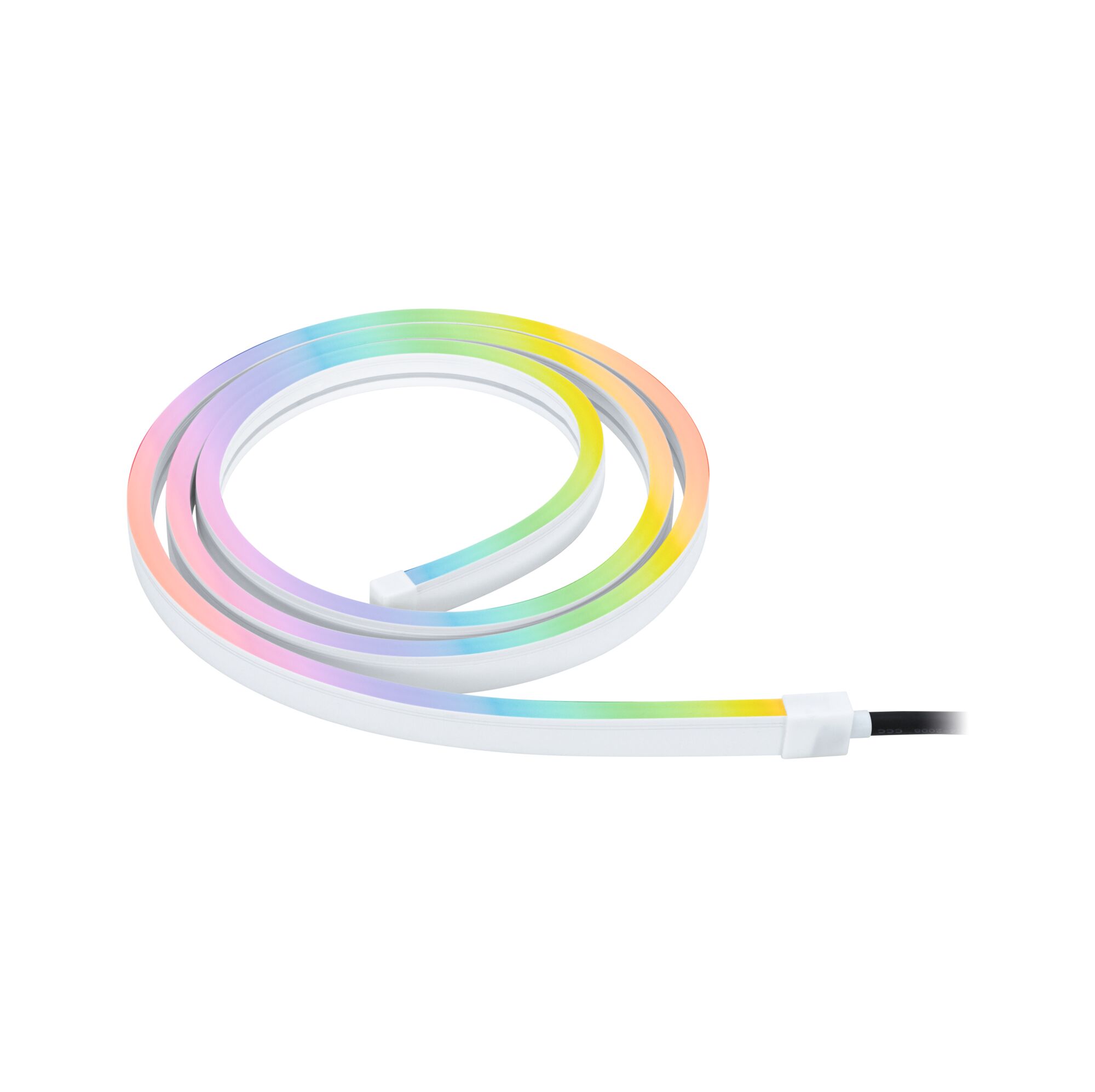 Bande lumineuse LED flexible multicolore avec boîtier blanc pour éclairage décoratif et ambiance.