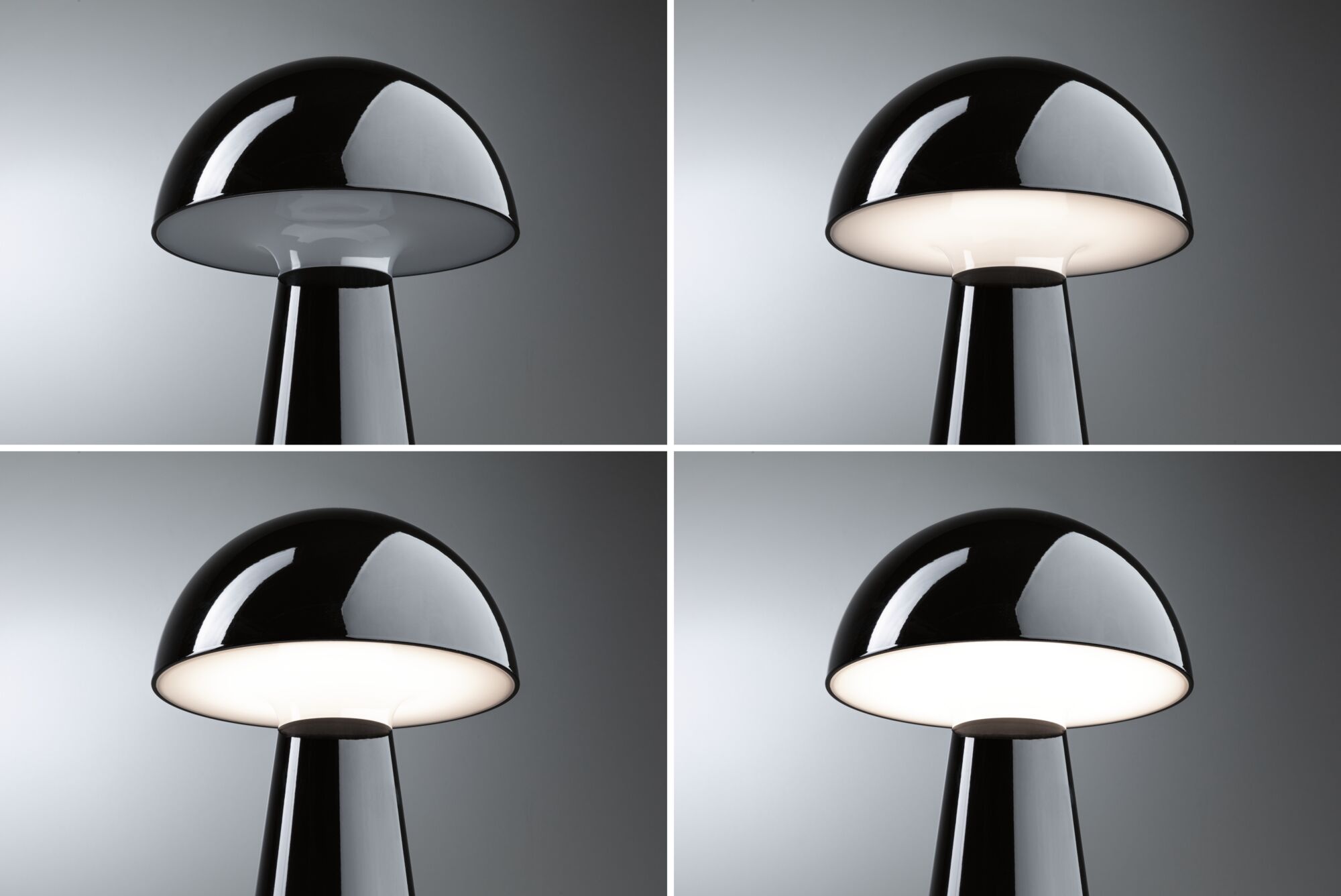Vier Ansichten einer schwarzen Pilzlampe aus glänzendem Material mit weißem Diffusor und LED-Beleuchtung