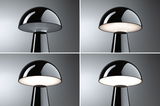 Vier Ansichten einer schwarzen Pilzlampe aus glänzendem Material mit weißem Diffusor und LED-Beleuchtung