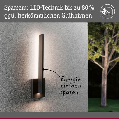 Moderne LED-Außenwandleuchte in Schwarz mit energiesparender Beleuchtung bis zu 80 Prozent.