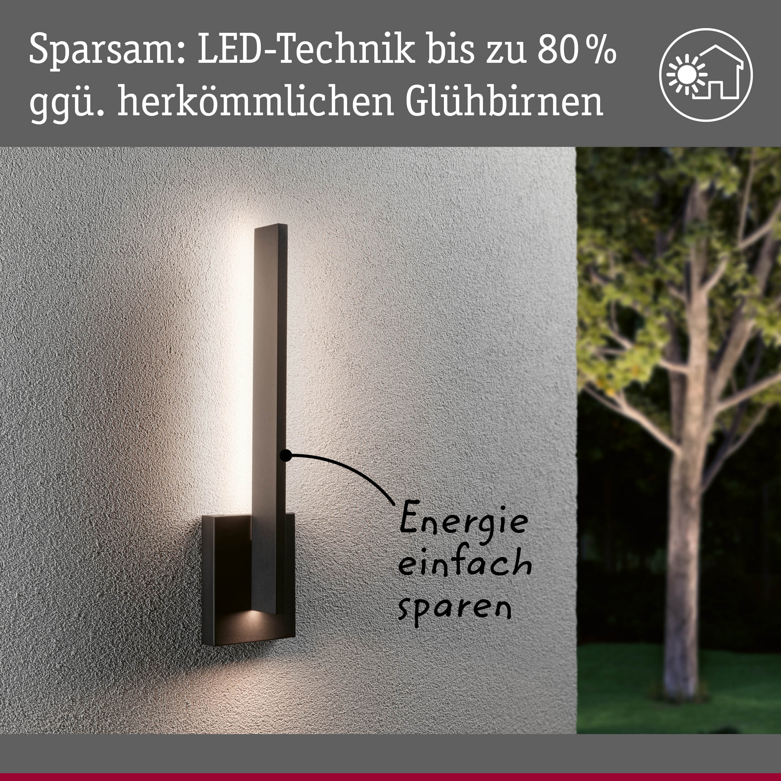 Moderne LED-Außenwandleuchte in Anthrazit mit energiesparender Beleuchtung an Hauswand