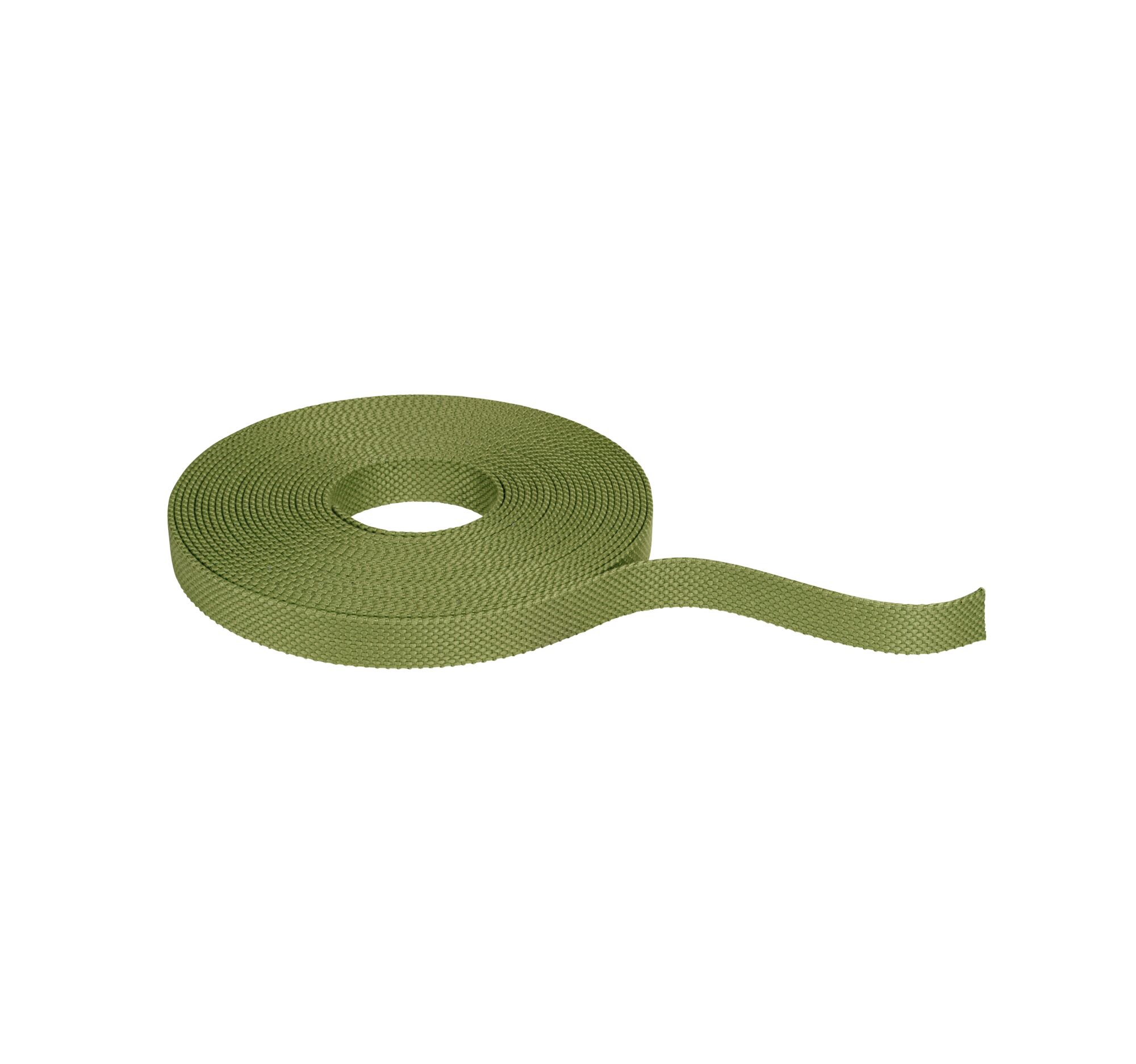 Green textile tape made of durable material, suitable for fastening and decoration in DIY projects.