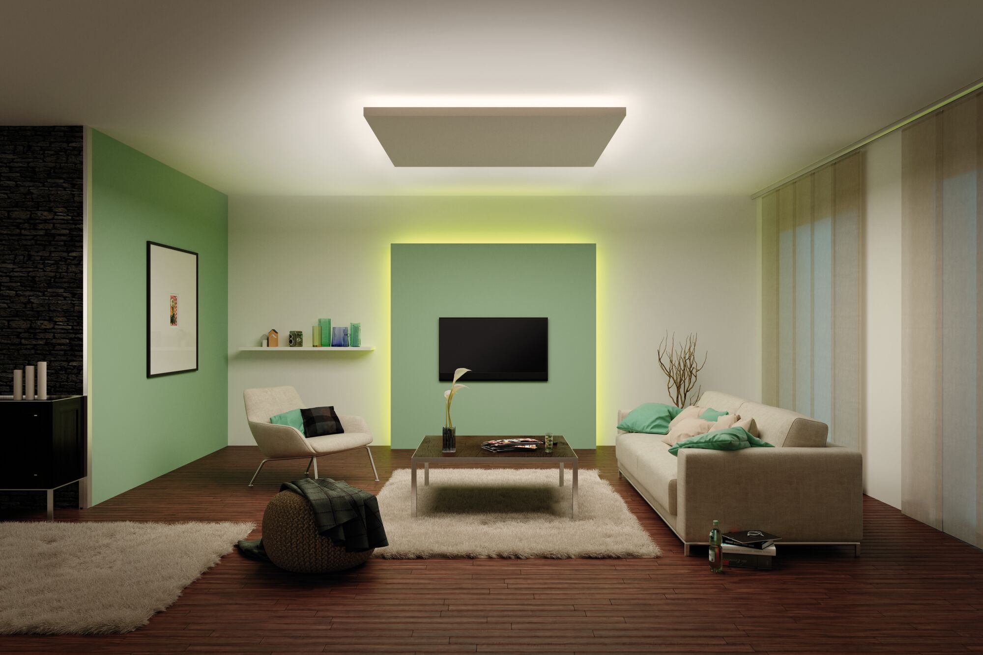 Modern living room with green accent wall panel and indirect LED lighting creating a cozy ambiance