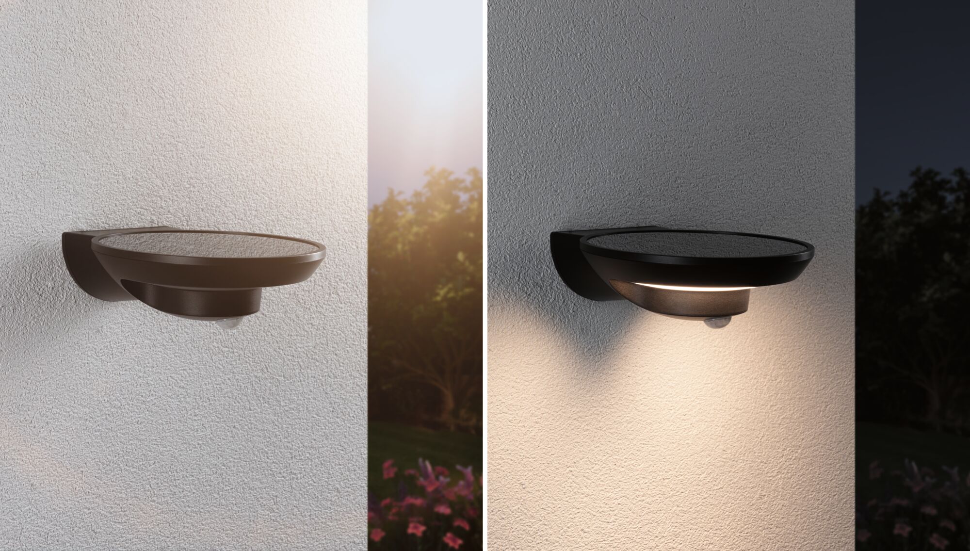 Applique murale extérieure LED noire en métal avec détecteur de mouvement, vue jour et nuit, éclairage jardin