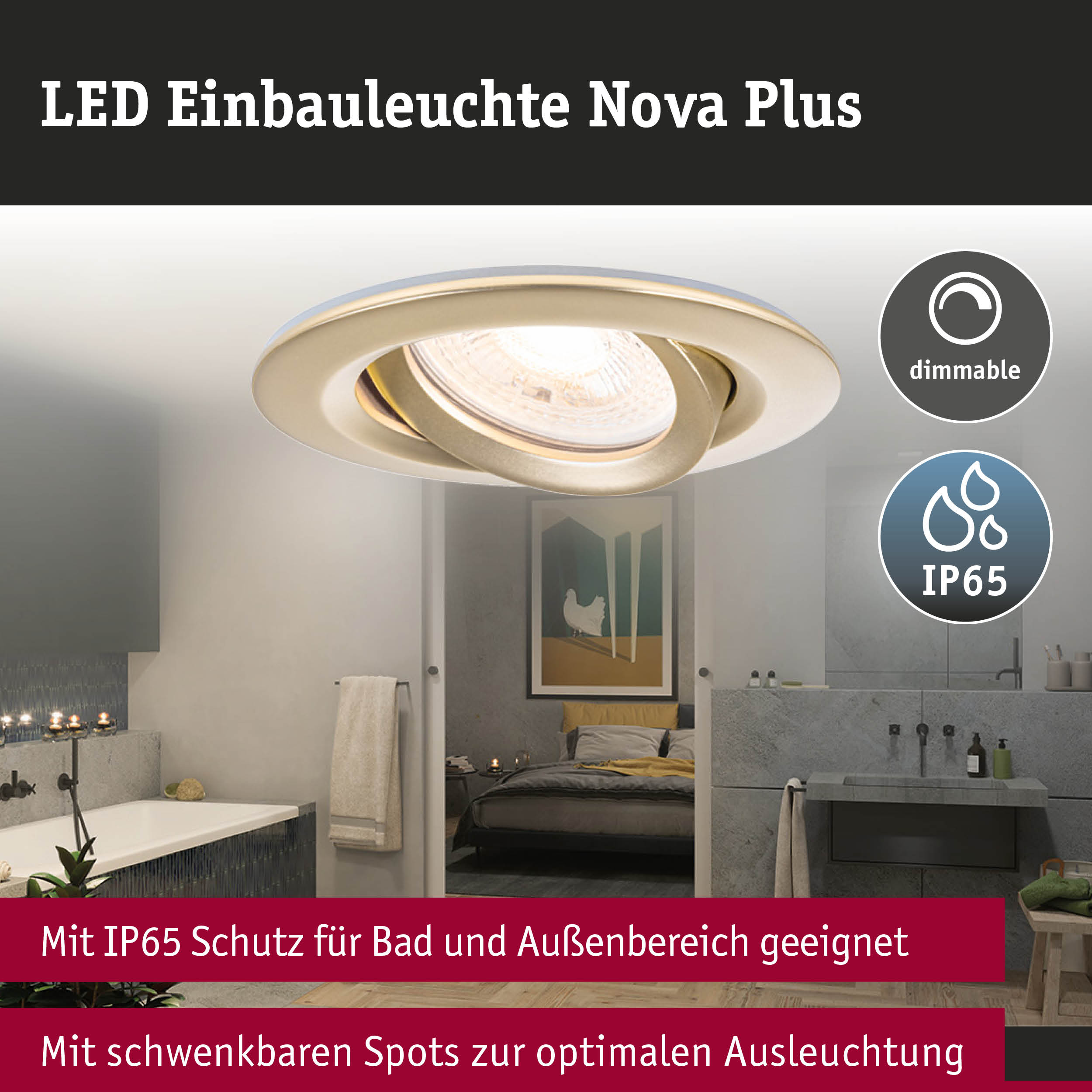 LED Einbauleuchte Nova Plus in Gold mit IP65 Schutz und schwenkbaren Spots für Bad und Außenbereich