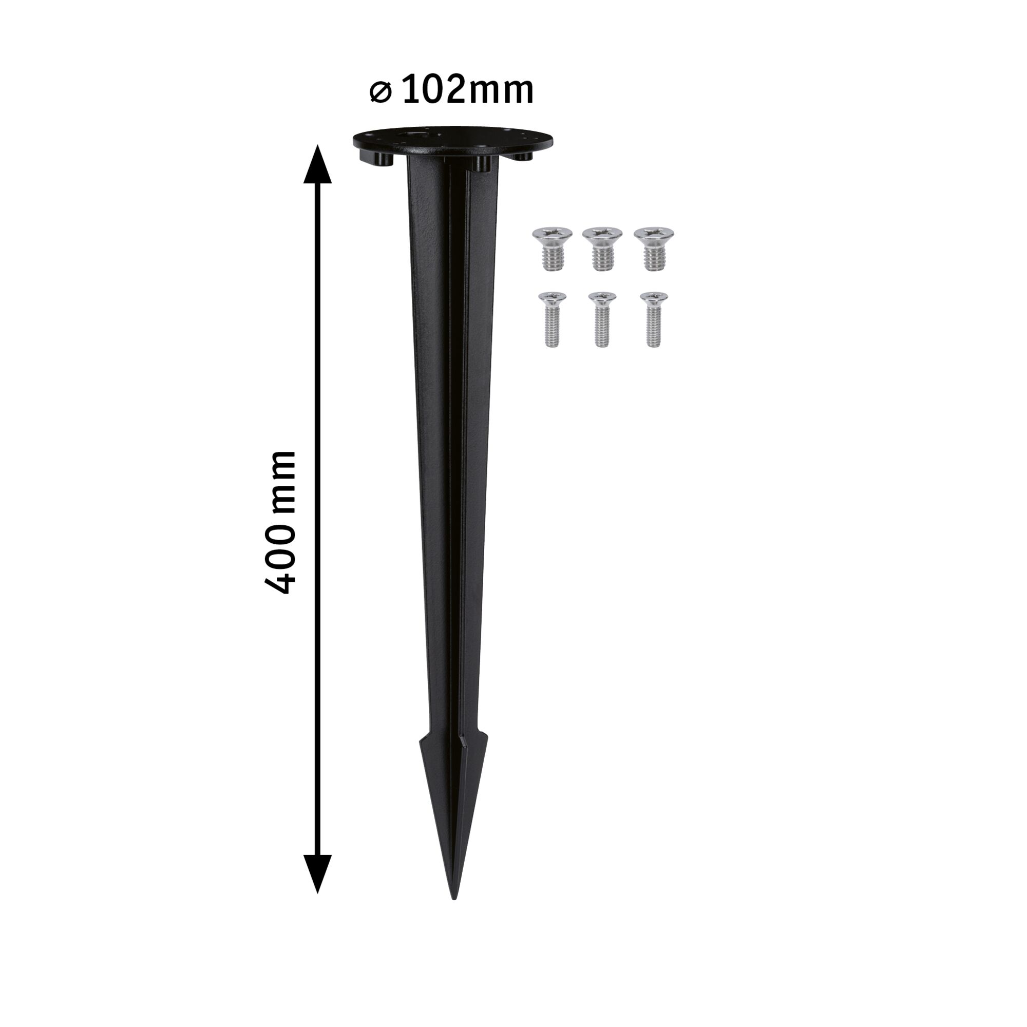 Zwarte kunststof grondpin van 400 mm lang, 102 mm diameter met schroeven voor buitenverlichting.