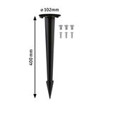 Zwarte kunststof grondpin van 400 mm lang, 102 mm diameter met schroeven voor buitenverlichting.