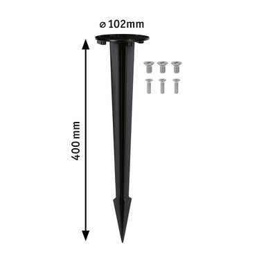 Zwarte kunststof grondpin van 400 mm lang, 102 mm diameter met schroeven voor buitenverlichting.