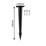 Black plastic ground spike 400 mm long, 102 mm diameter with screws for outdoor lighting installation.