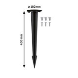 Schwarzer Kunststoff-Erdspieß mit 400 mm Länge und 102 mm Durchmesser inklusive Schrauben für Außenbeleuchtung.