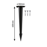 Black plastic ground spike 400 mm long, 102 mm diameter with included screws for outdoor use