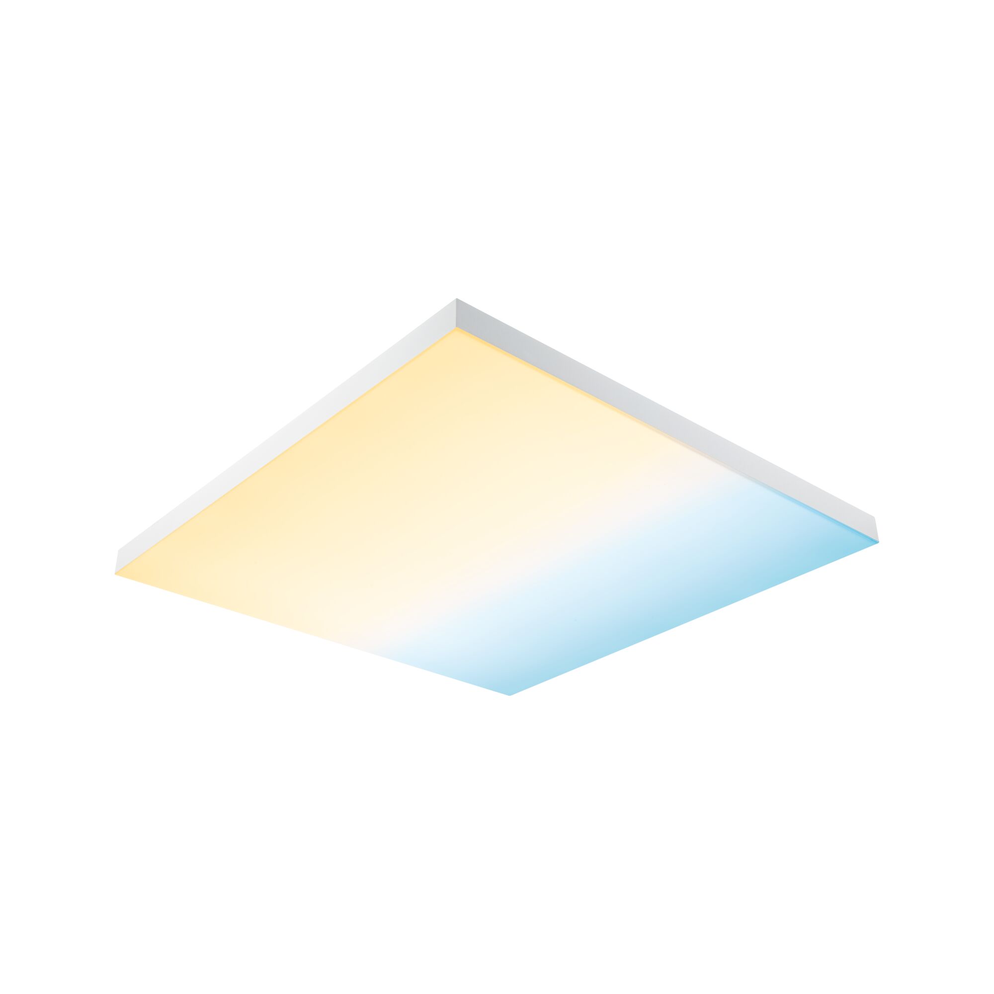 Flaches LED-Deckenpanel mit weißem Rahmen und stufenlos einstellbarem Farbwechsel von warmweiß zu kaltweiß