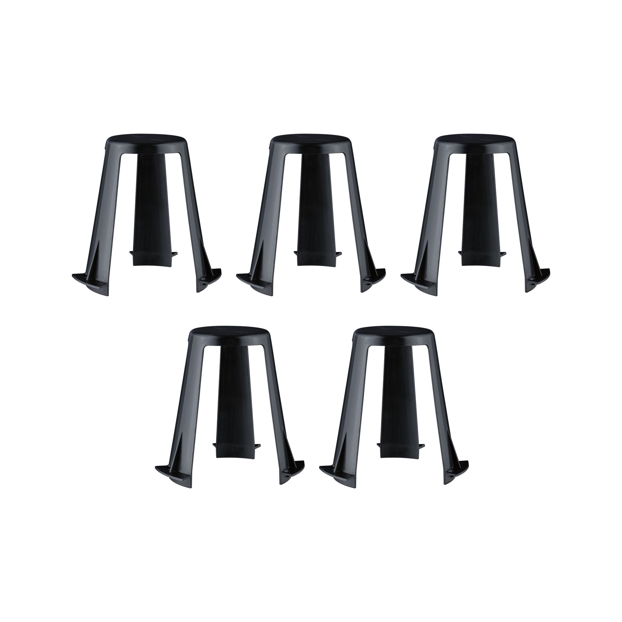 Set of five black plastic furniture feet with wide base and sturdy design