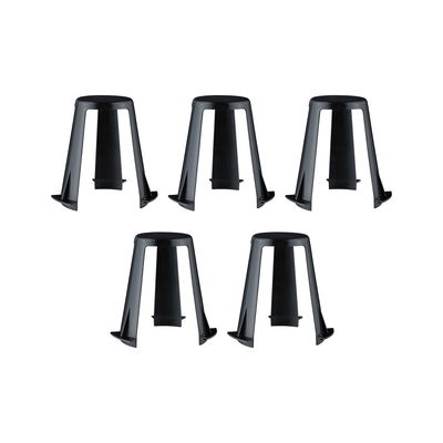 Set of five black plastic furniture feet with wide base and sturdy design