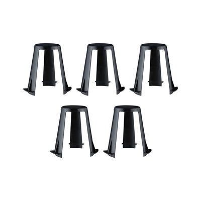 Set of five black plastic furniture feet with wide base and sturdy design